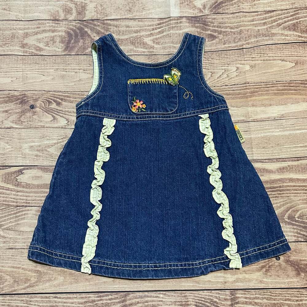 Girl’s Vintage Carter's Denim Jumper Dress Butterfly Flowers Ruffles 12m